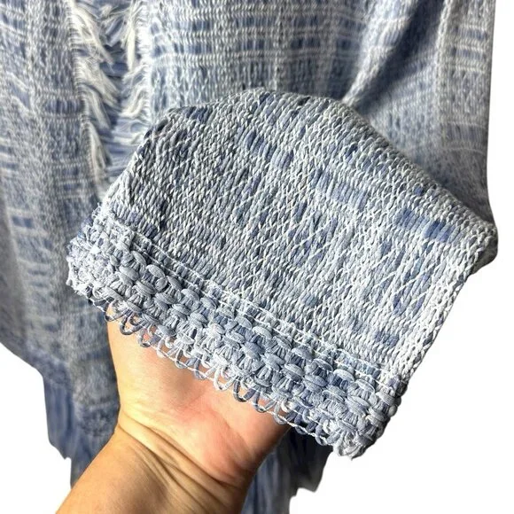 NEW WHBM Blue Tweed‎ Fringe Open Front Jacket Old Money Career Preppy XL